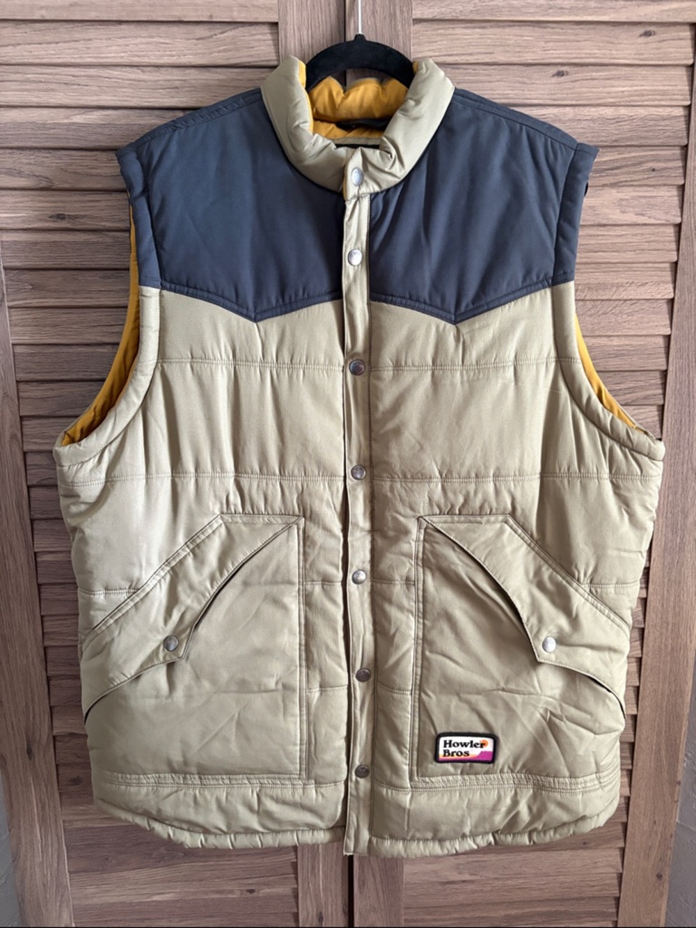 Howler Brothers Khaki Vest with Charcoal Yoke and Mustard Lining